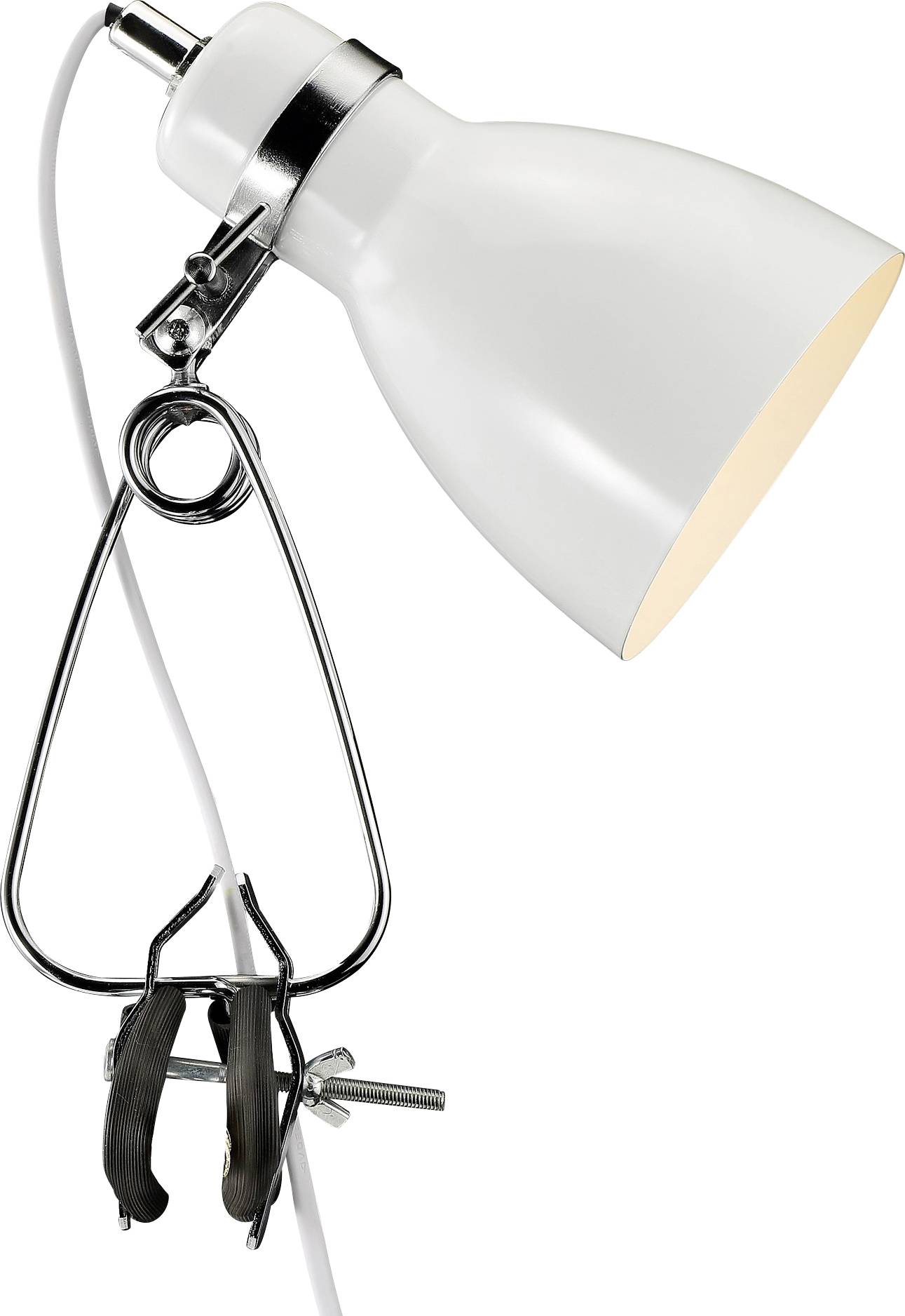 Una lampada a clip di colore bianco con una pinza metallica, progettata per un facile fissaggio su superfici. Ha un classico paralume a forma di cono che dirige la luce verso il basso.