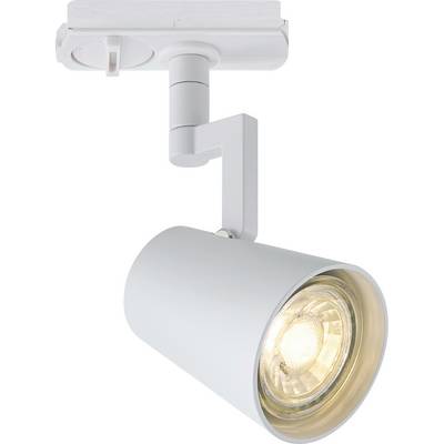 Una moderna lampada da incasso bianca con un riflettore cilindrico, montata su un sistema di binario a soffitto, che illumina verso il basso.