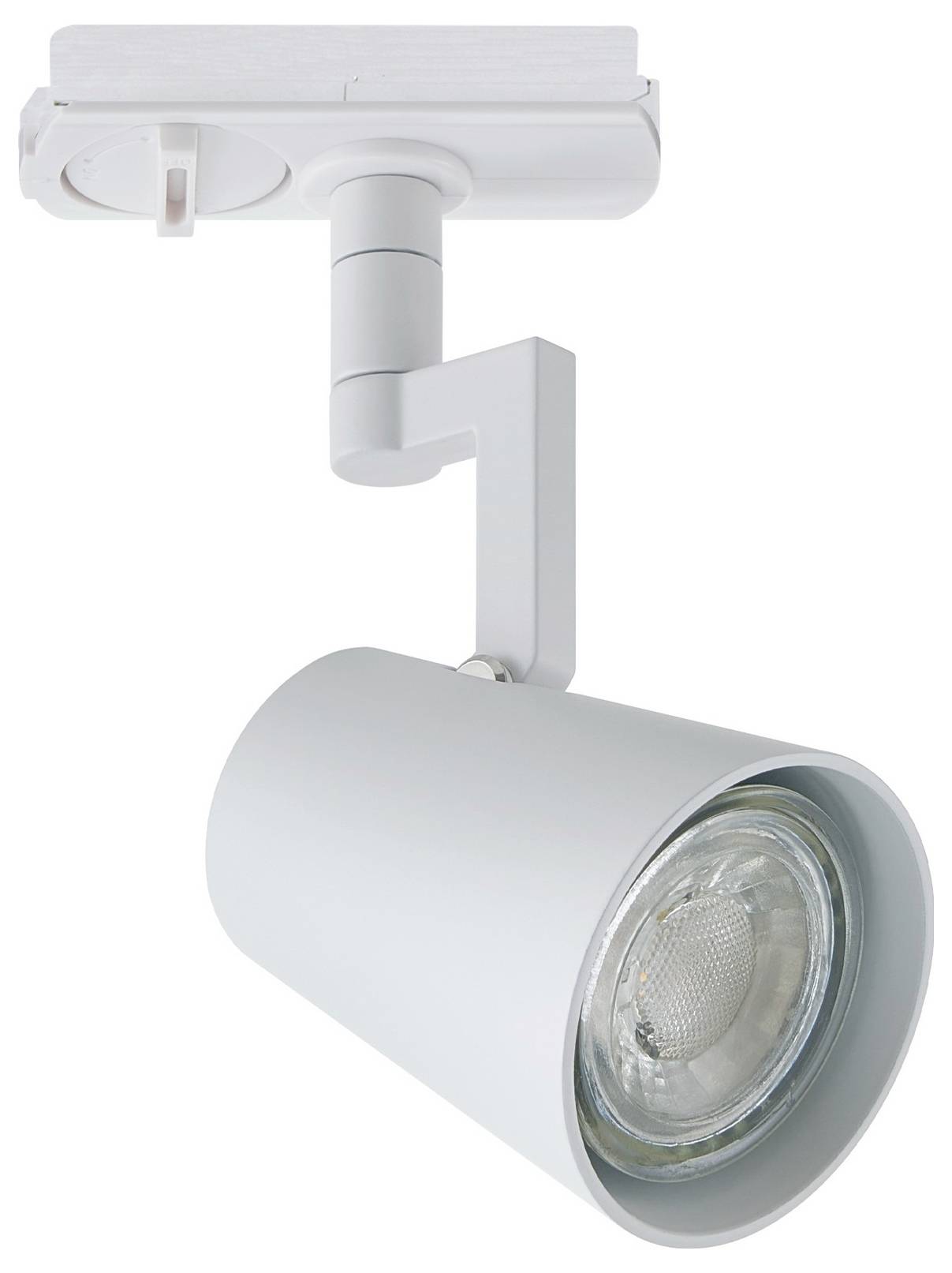 Un apparecchio di illuminazione a binario bianco con design cilindrico, adatto all'illuminazione focalizzata negli interni moderni.