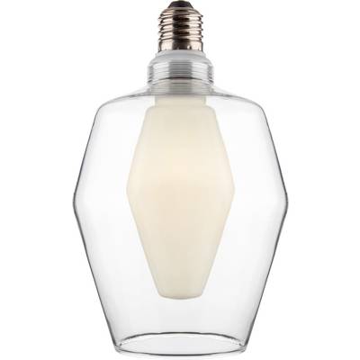 Una lampadina in vetro trasparente dal design angolare unico e una luce calda, caratterizzata da una base a vite in rame.