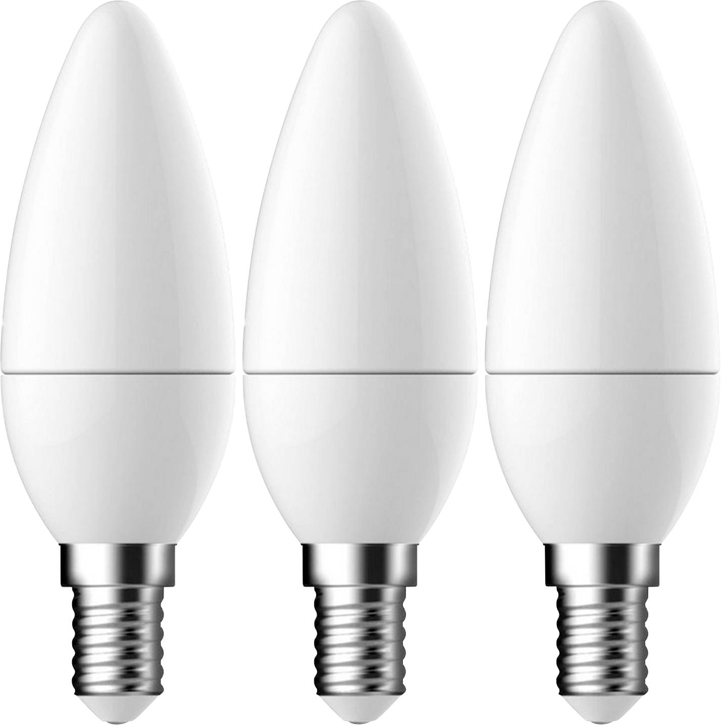 Tre lampadine LED bianche con una forma affusolata e elegante e basi a vite argentate, posizionate verticalmente in fila.
