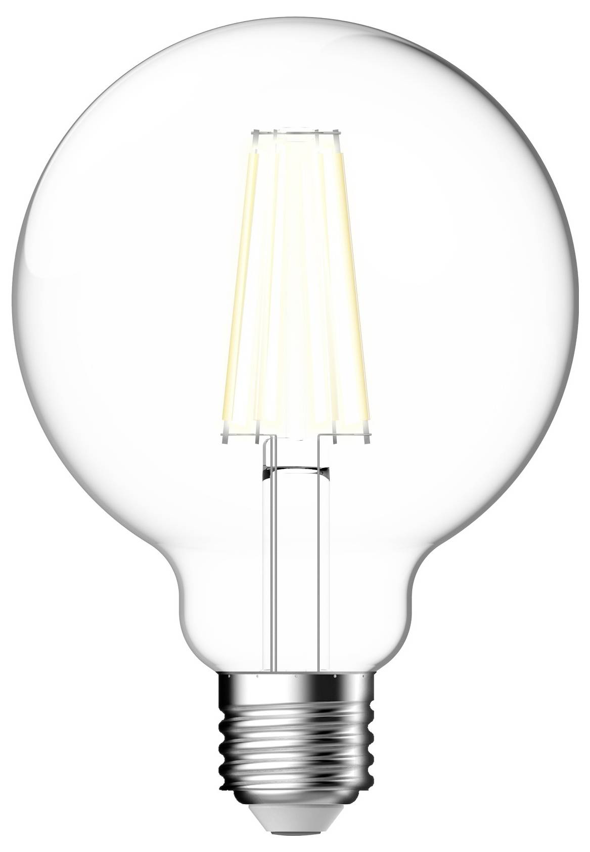 Una lampadina a LED con un design del filamento visibile, che emette un bagliore bianco morbido, su uno sfondo neutro.