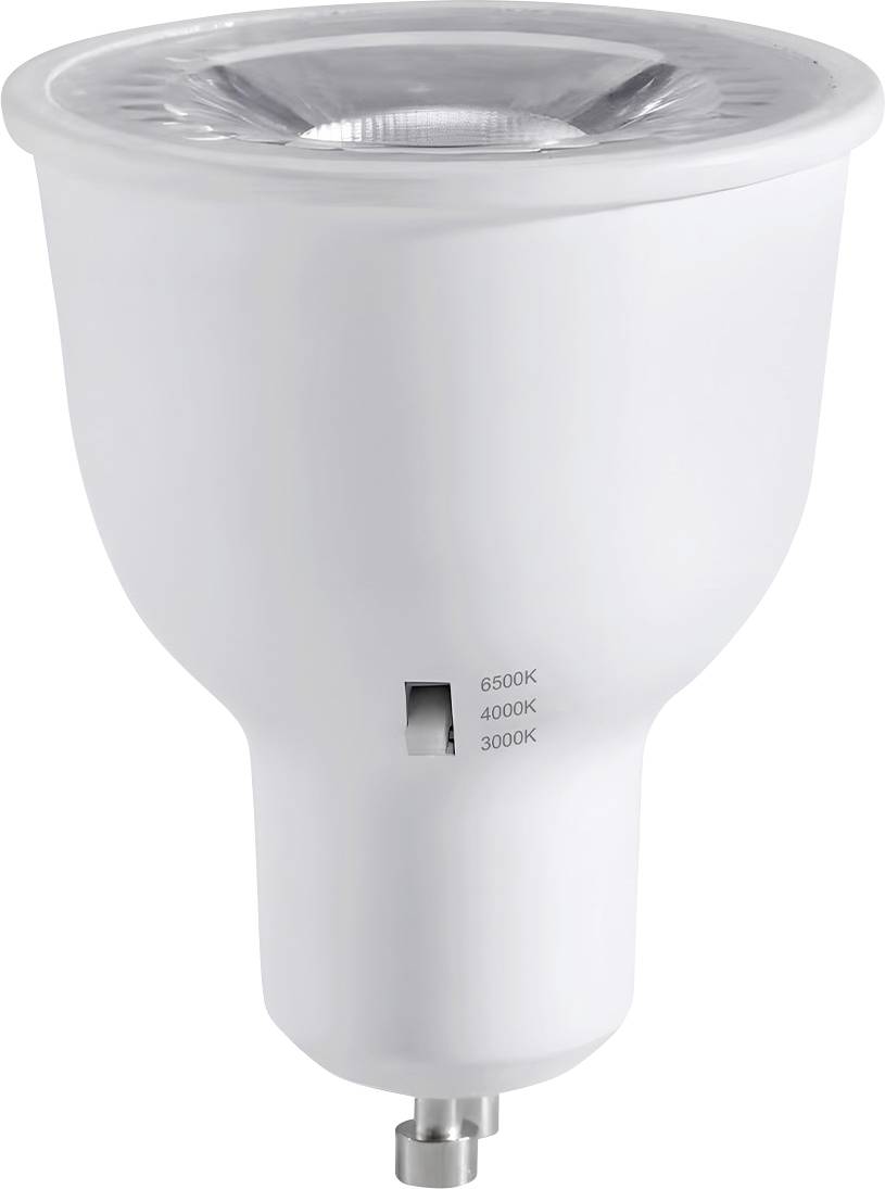 Una lampadina LED bianca con attacco GU10. Presenta marcature che indicano le opzioni di temperatura di colore: 6500K, 4000K e 3000K.
