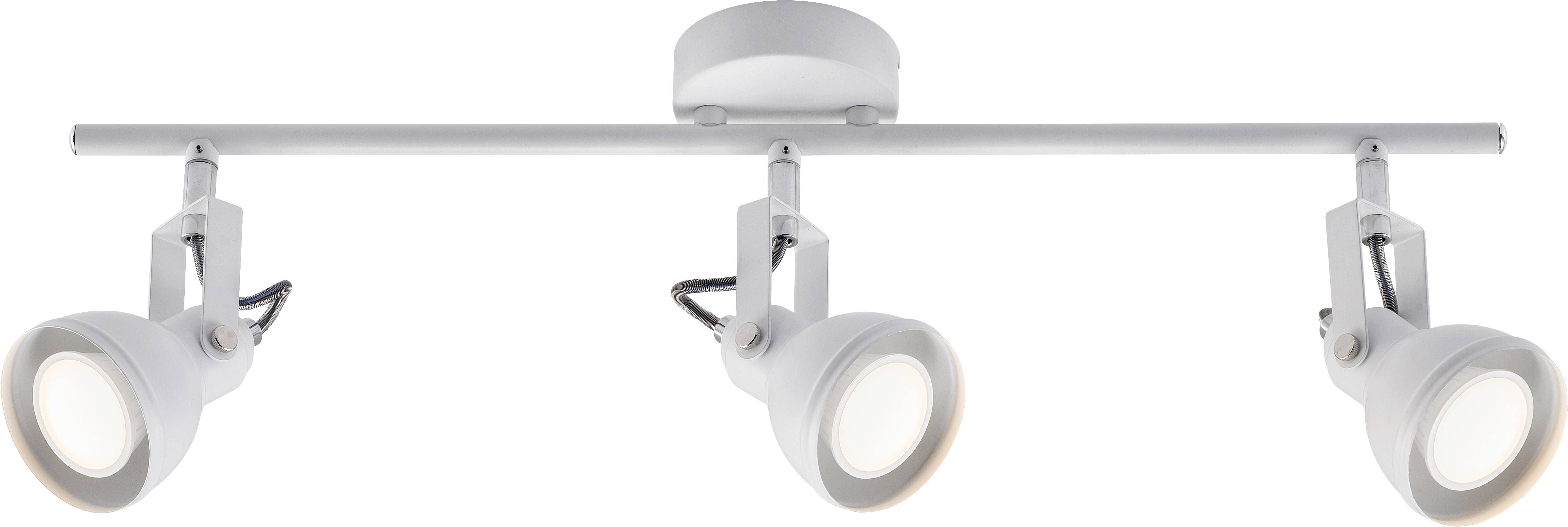 Un apparecchio a binario montato a soffitto con tre luci e testine regolabili, che fornisce illuminazione direzionale in un design moderno.