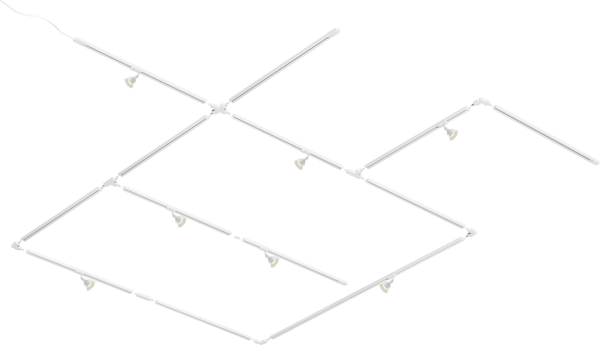 'Apparecchio di illuminazione a forma di griglia riconfigurabile con dieci faretti regolabili su un soffitto bianco.'