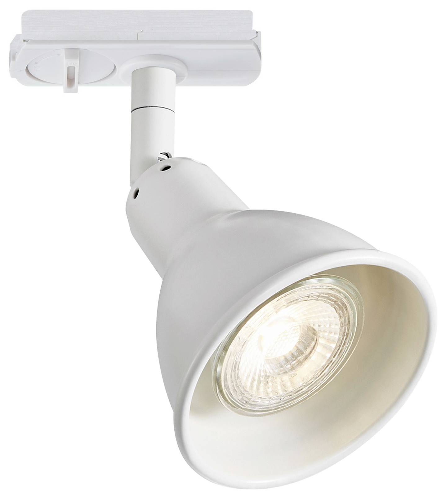 Un apparecchio di illuminazione a binario bianco con un faretto orientabile e un design moderno, che focalizza la luce verso il basso per un'illuminazione mirata.