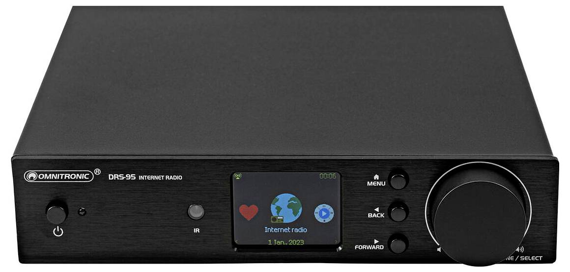 Dispositivo 'Omnitronic DRS-95 Internet Radio' con schermo che visualizza 'Internet radio'. Dotato di pulsanti per la navigazione del menu e il controllo del volume.
