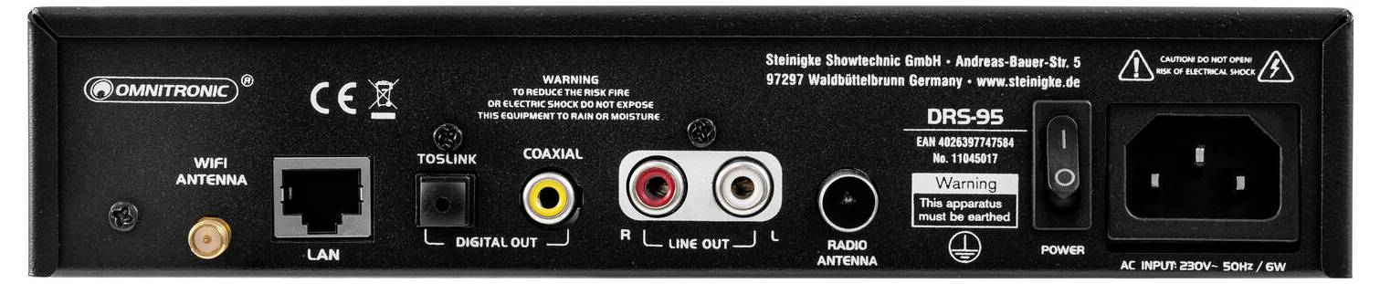 Pannello posteriore del dispositivo audio con porte HDMI, LAN e alimentazione, ingressi e uscite etichettati per connessioni digitali e analogiche.