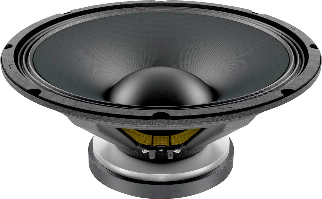 Un grande cono di diffusore nero e grigio con una cupola centrale e dettagli gialli si trova sopra una base metallica, progettato per l'emissione audio.