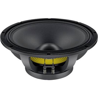 Un diffusore subwoofer nero con una bobina gialla, progettato per un suono di bassi profondi, visto dal lato che mostra la sua struttura di cono circolare.