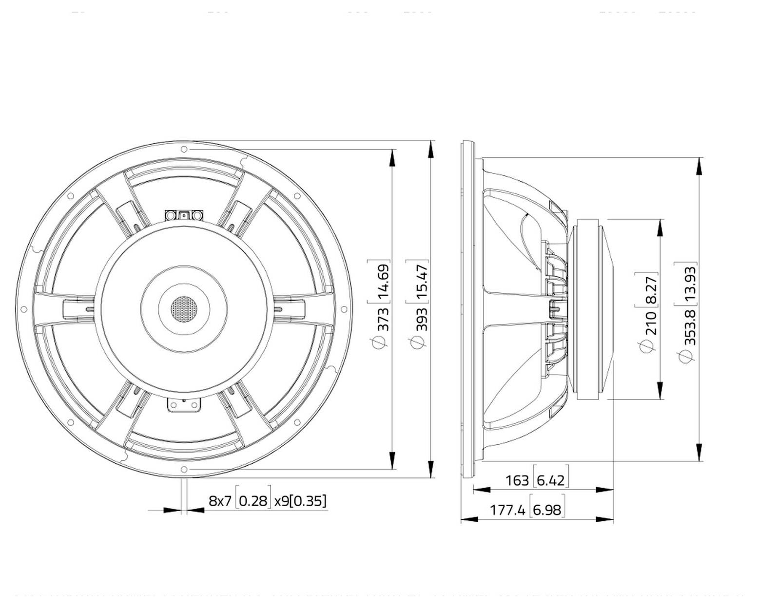 Disegno tecnico di un altoparlante con dimensioni: diametro 393 mm, profondità 177,4 mm. Viste laterale e frontale che mostrano misurazioni dettagliate.