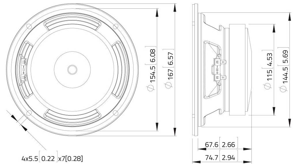 "Diagramma tecnico dell'altoparlante": Vista frontale e laterale dell'altoparlante circolare con dimensioni. Vista frontale: diametro 167 unità. Vista laterale: profondità 67,6 unità.