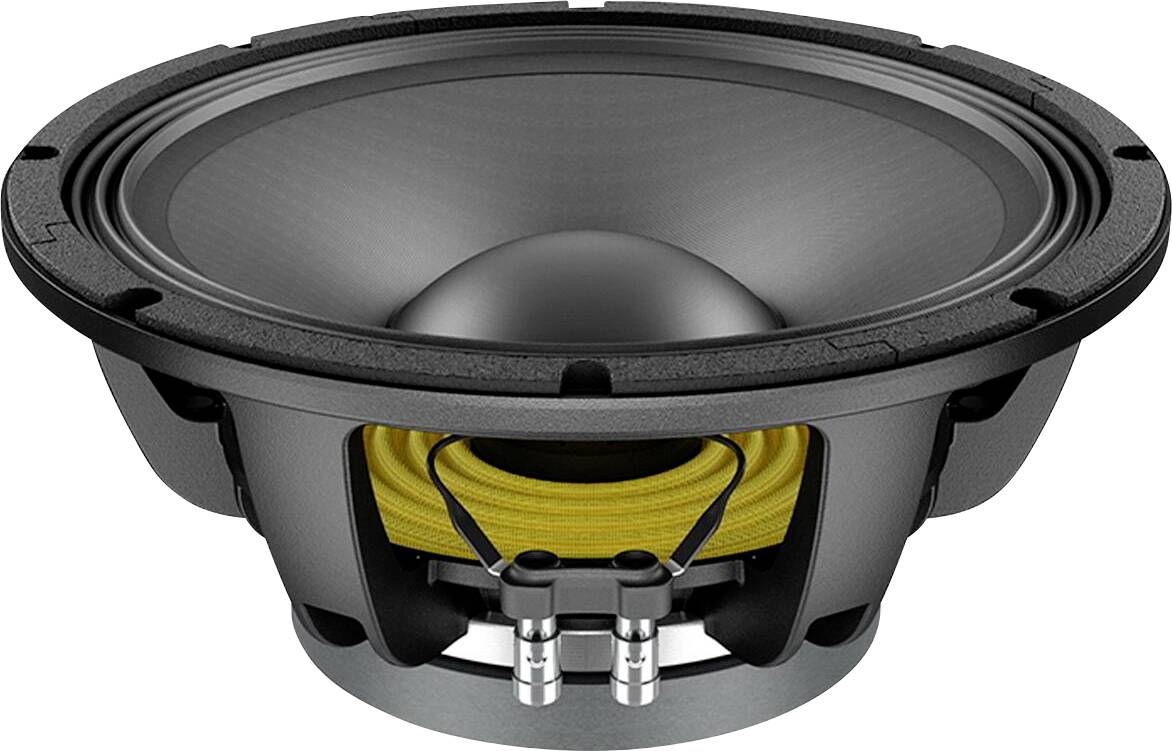 Ampio cono dell'altoparlante audio di forma rotonda con cornice nera e sospensione gialla, visto dalla parte anteriore con terminali visibili nella parte inferiore.