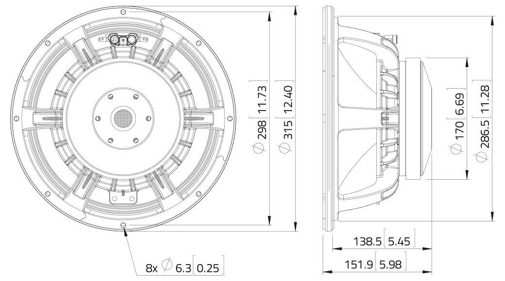 Progetto di design per altoparlante che mostra viste frontali e laterali con dimensioni. Il diametro è 106mm, la profondità è 54mm, e sono inclusi i dettagli dell'alloggiamento.