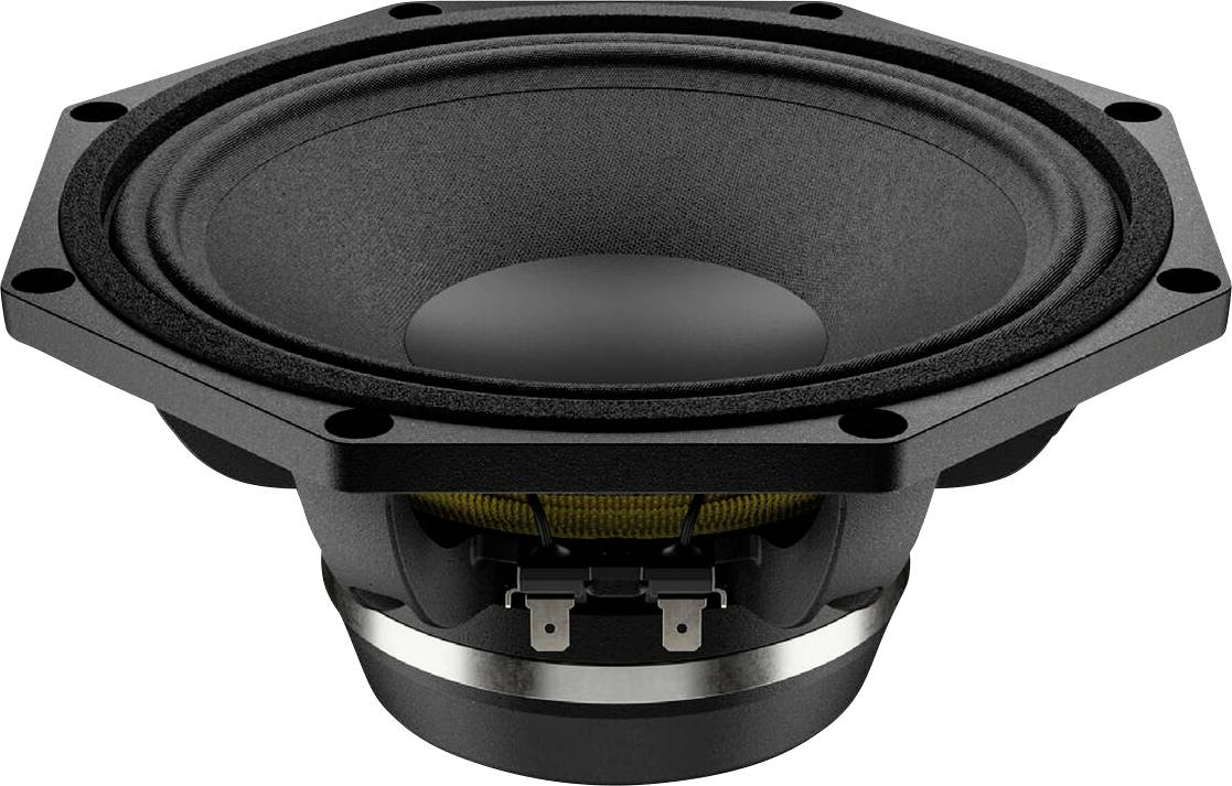Un diffusore subwoofer esagonale nero con un ampio cono centrale, progettato per produrre suoni a bassa frequenza, visualizzato da un'angolazione laterale.