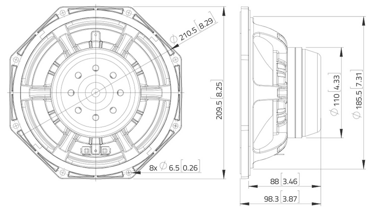 Disegno tecnico di un altoparlante, viste frontale e laterale. Dimensioni etichettate: diametro 210,5 mm, profondità 110 mm, cerchio dei bulloni 209,5 mm.