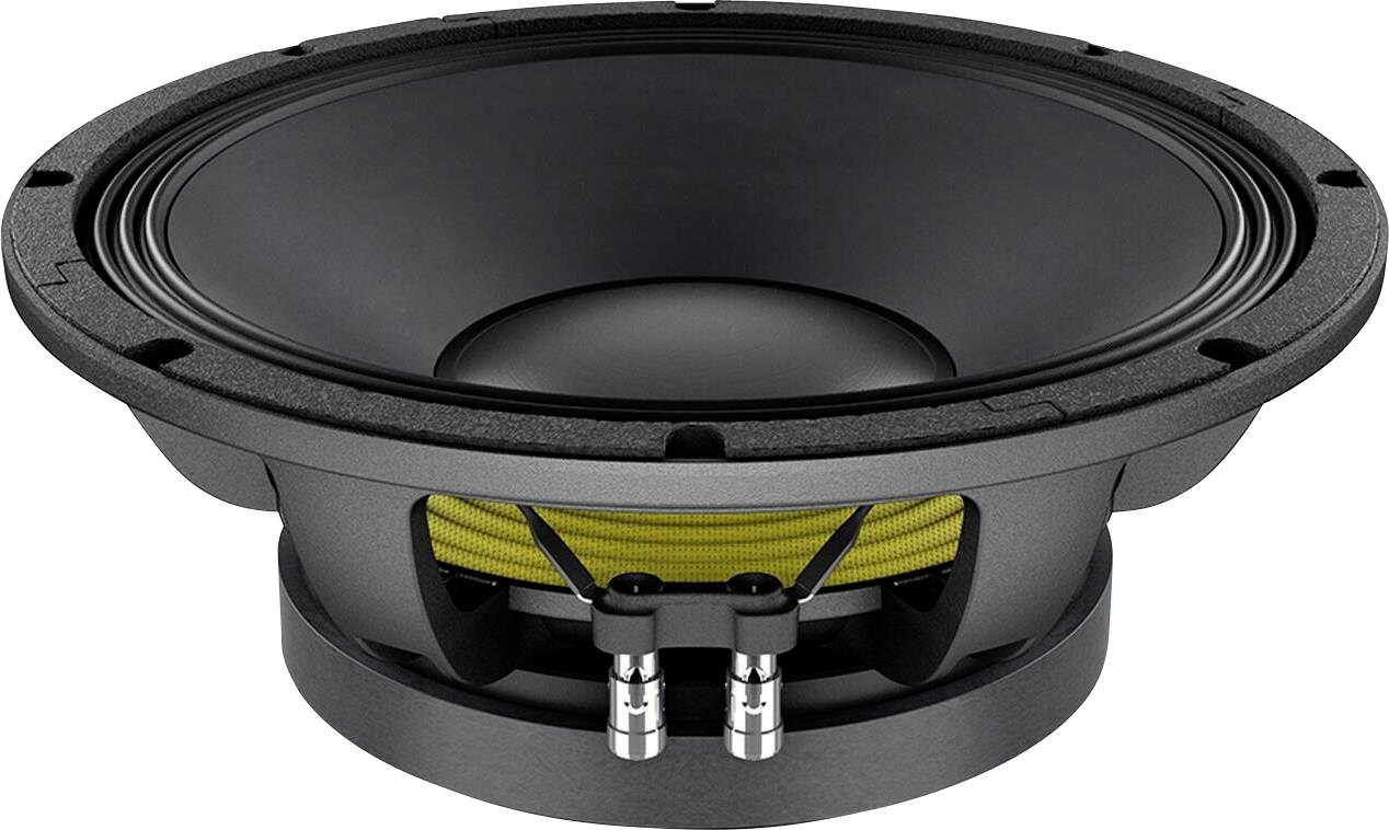 Un cono altoparlante nero con sospensione gialla, progettato per configurazioni audio, che mostra le viste frontale e laterale del suo design e dei connettori.