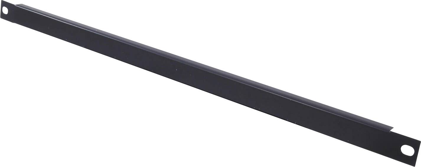Un pannello di chiusura per montaggio a rack in metallo nero con due fori di vite circolari su ciascuna estremità, utilizzato per coprire gli slot inutilizzati nei rack server.