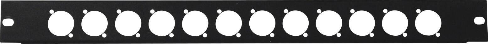 Un pannello rack nero con dodici aperture circolari equidistanziate, utilizzato per il montaggio in rack di rete o server.