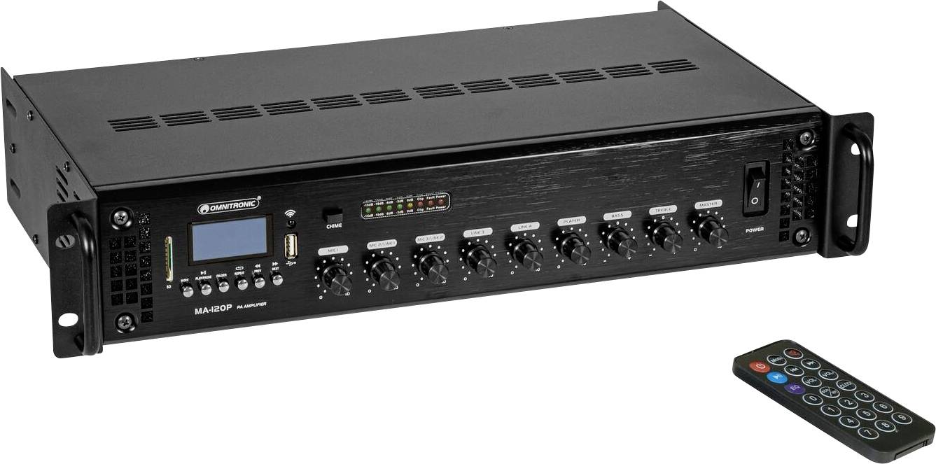 Un amplificatore audio con più manopole di controllo e un display digitale. Un telecomando con pulsanti multicolori è posizionato accanto ad esso.