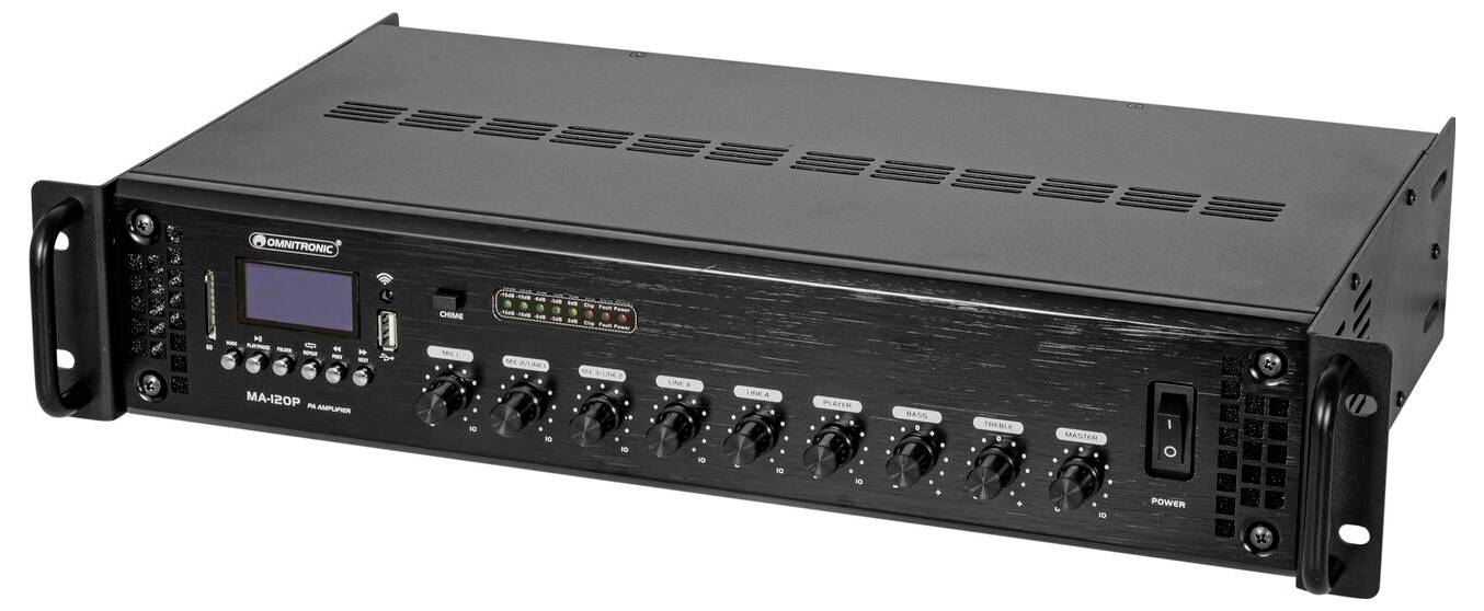 Un amplificatore audio nero con molteplici manopole di controllo e interruttori sul pannello frontale, progettato per la gestione del suono in ambienti professionali.