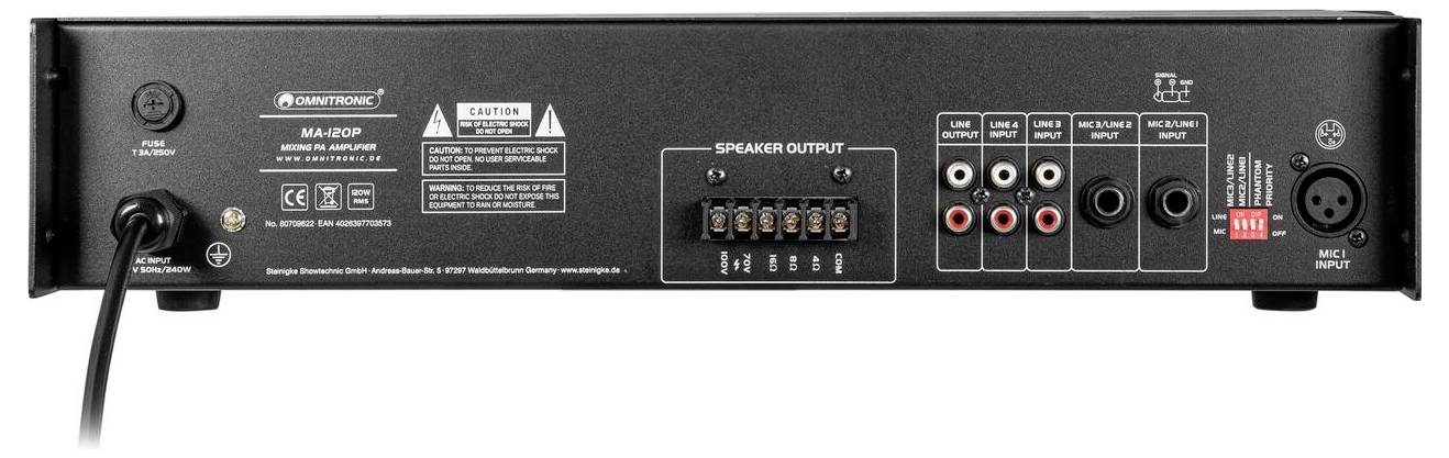 Mixer audio 'Power Dynamics PDC85' con molteplici manopole di controllo e display digitale, progettato per la gestione professionale del suono.