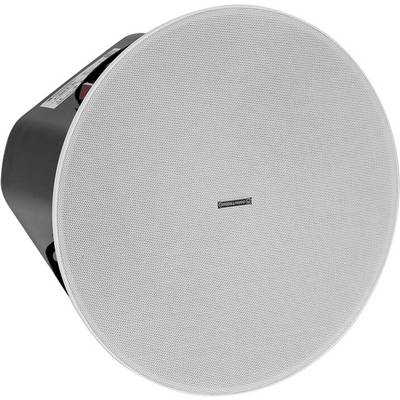 Un diffusore da soffitto circolare bianco con rivestimento nero, progettato per sistemi audio da incasso a soffitto.
