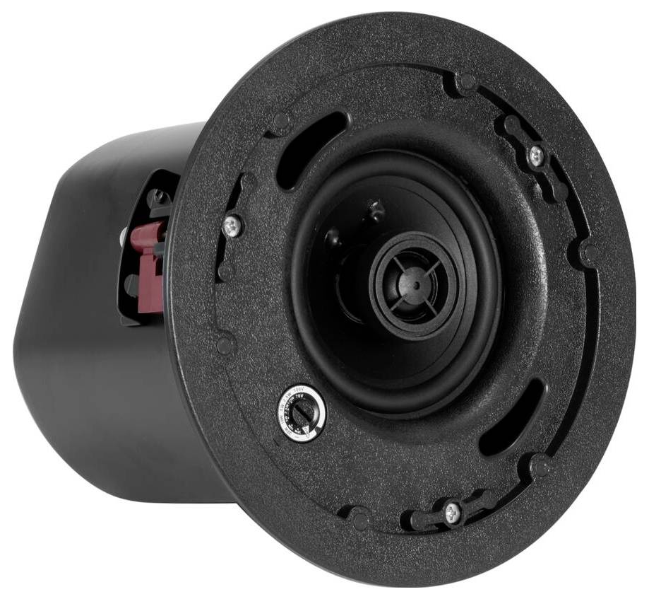 Altoparlante da incasso a soffitto con griglia circolare nera, tweeter centrale e caratteristiche di montaggio integrate, progettato per installazioni audio.