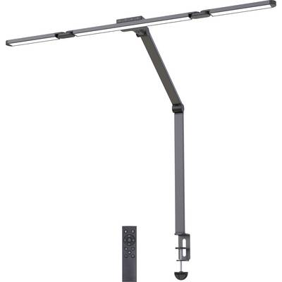 Lampada da scrivania LED regolabile con braccio articolato e barra luminosa ampia, mostrata con un piccolo telecomando.