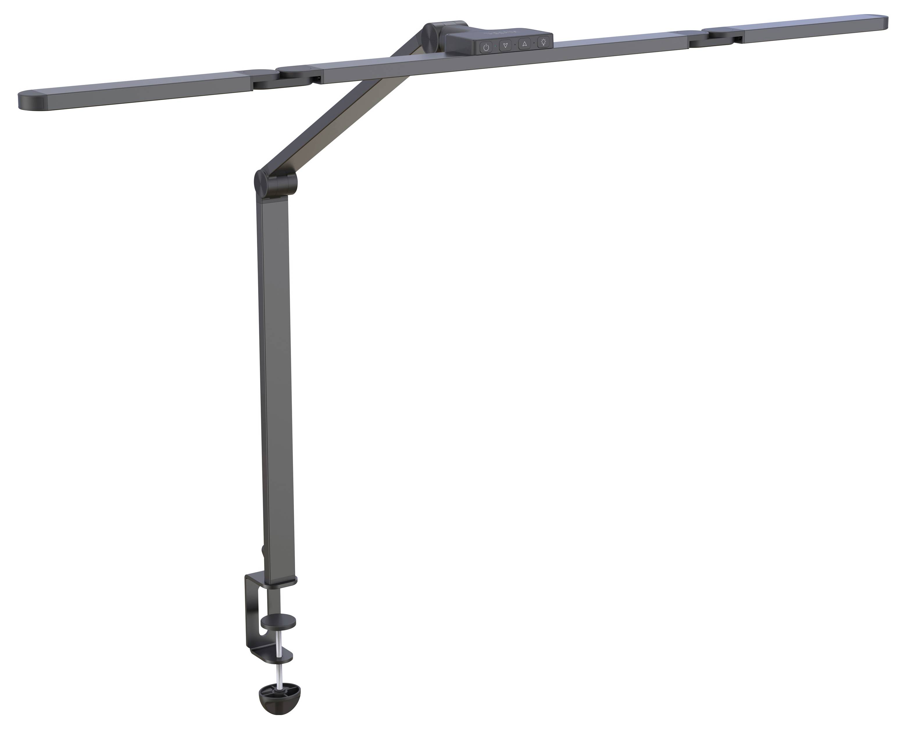 Lampada da tavolo a LED montata a morsetto con una lunga barra luminosa orizzontale e un braccio regolabile, mostrata isolata su uno sfondo bianco.