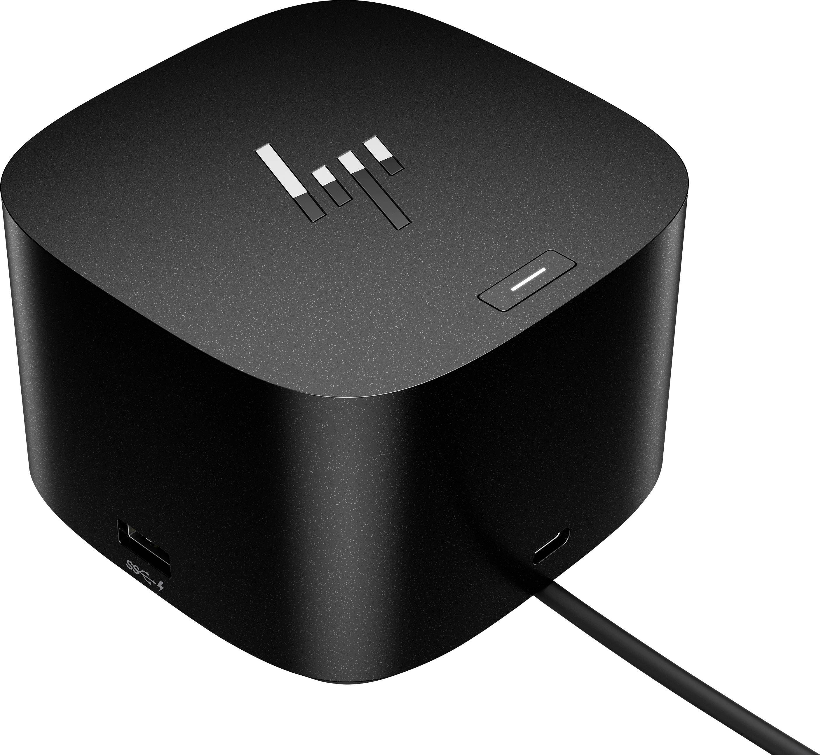Una stazione di aggancio per computer nera con un pulsante di accensione sulla parte superiore e molteplici porte sul lato, incluse connessioni USB e cavo di alimentazione.
