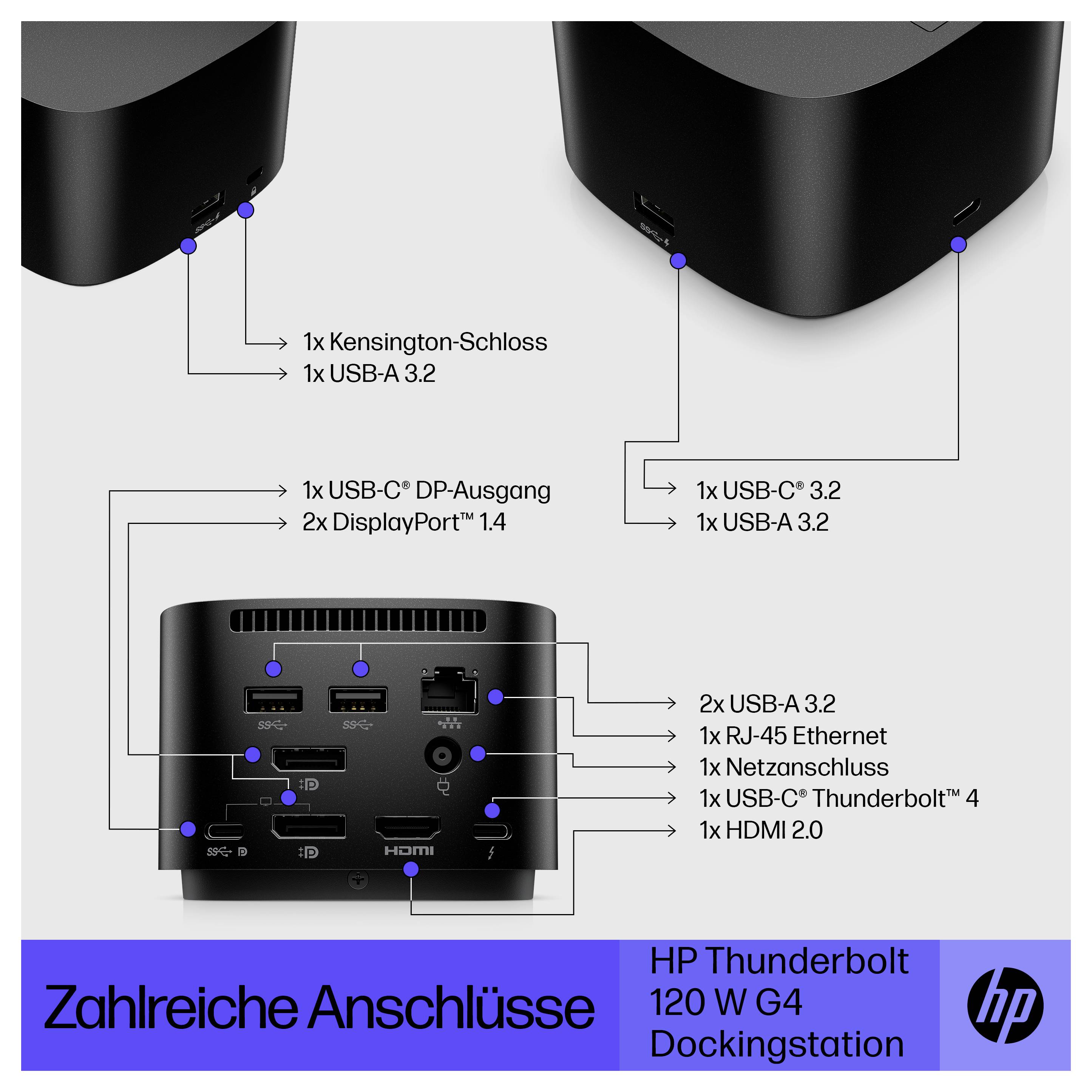 Stazione di aggancio HP Thunderbolt. Mostra più porte: USB-C, USB-A, RJ-45 Ethernet, HDMI, ingresso alimentazione e serratura Kensington. Descrive le opzioni di connettività.