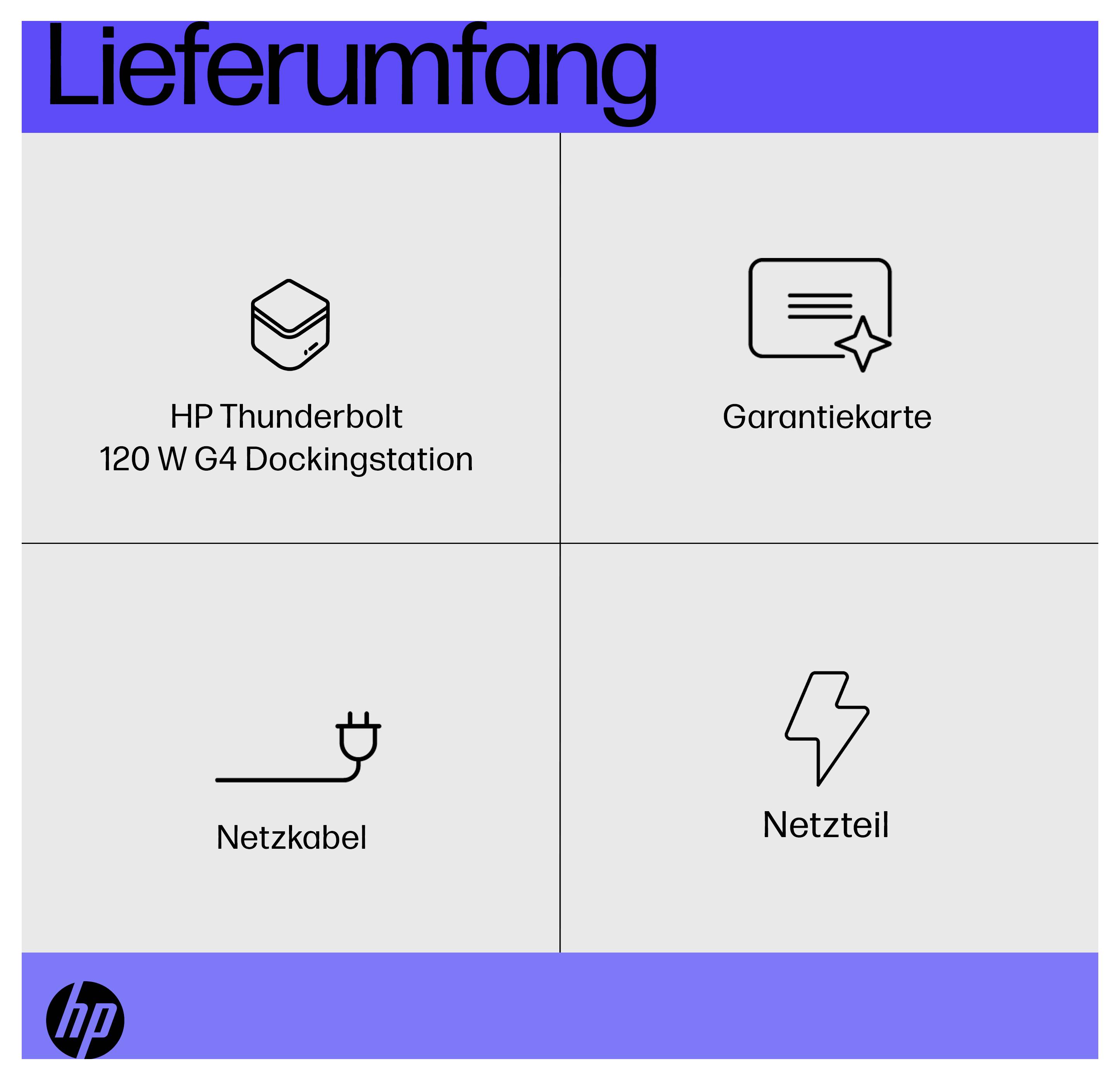 La sezione 'Lieferumfang' elenca gli articoli inclusi: HP Thunderbolt 120W G4 Dockingstation, Garantiekarte (carta di garanzia), Netzkabel (cavo di alimentazione), Netzteil (alimentatore).