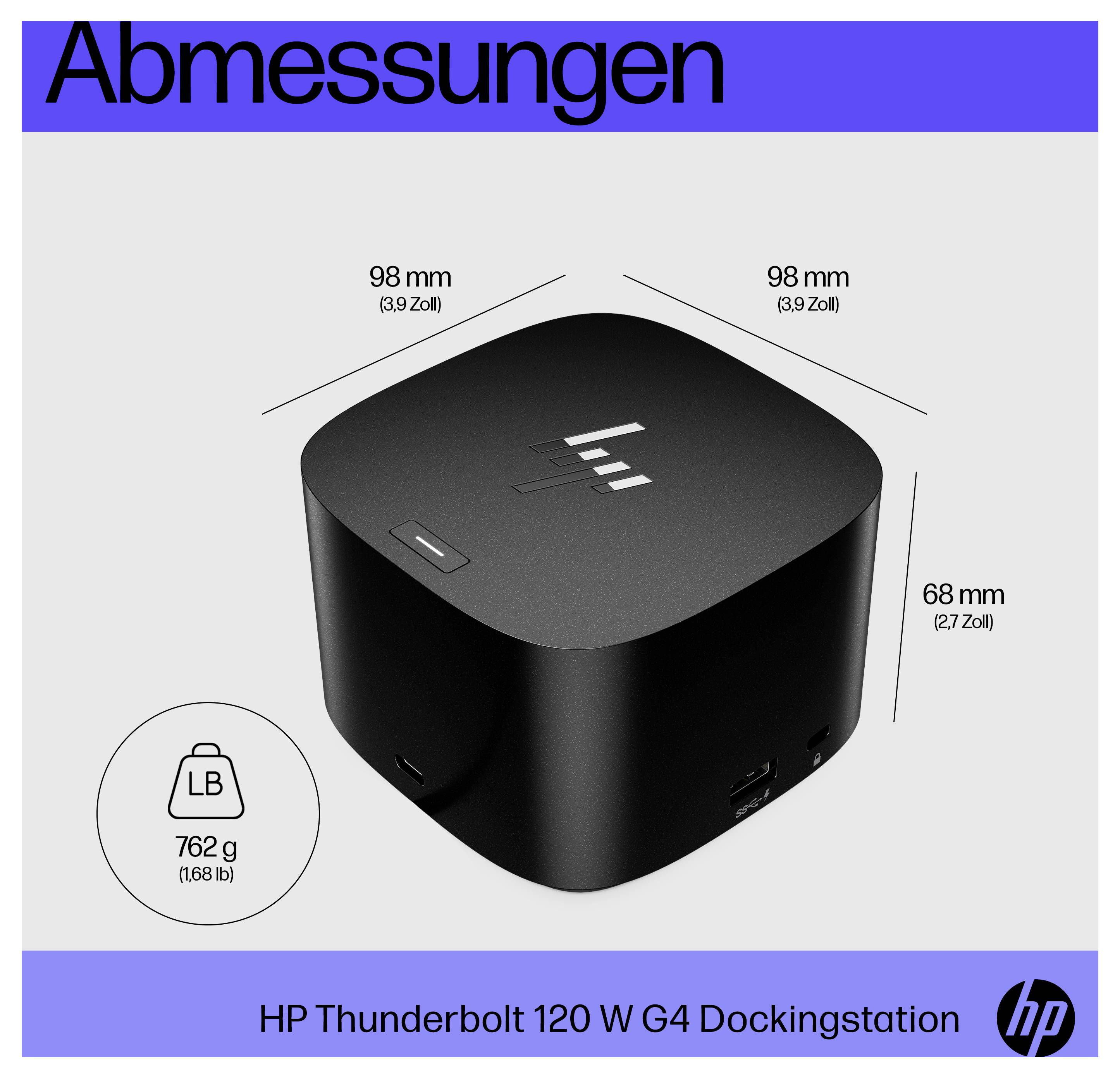 Dimensioni<br><br>Immagine di una stazione di aggancio HP Thunderbolt 120 W G4 nera con dimensioni e peso: 98x98x68 mm, 762g.
