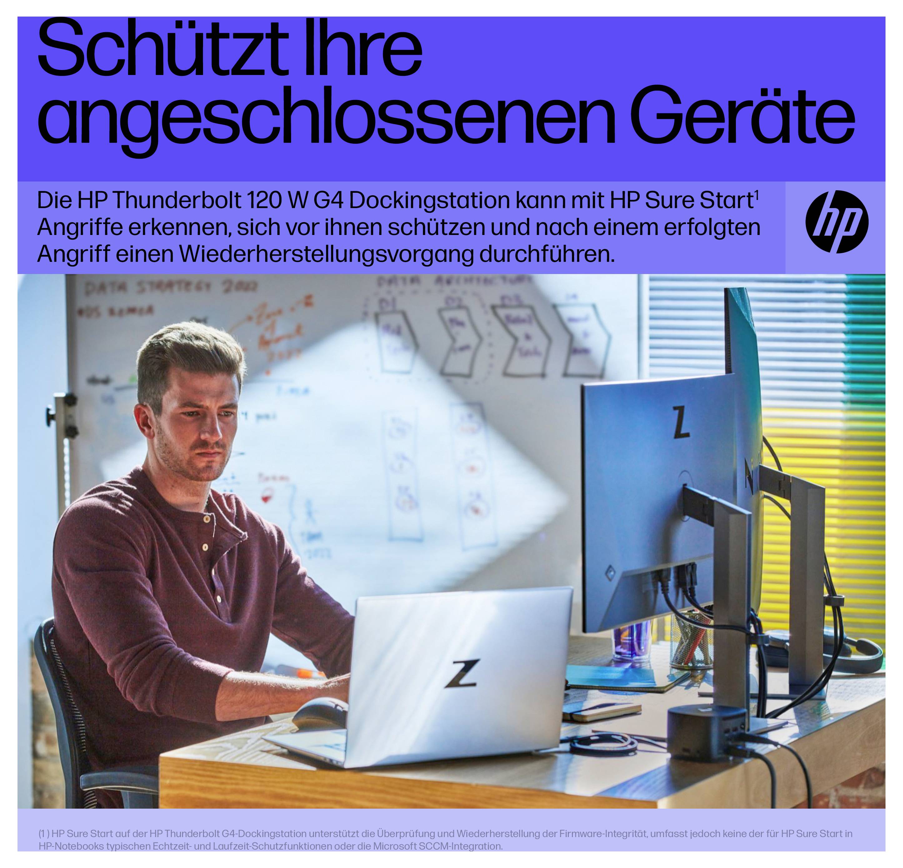 Una persona lavora al computer in un ufficio con testo sulle funzioni di sicurezza della Stazione di Aggancio HP Thunderbolt 120 W G4 contro gli attacchi.