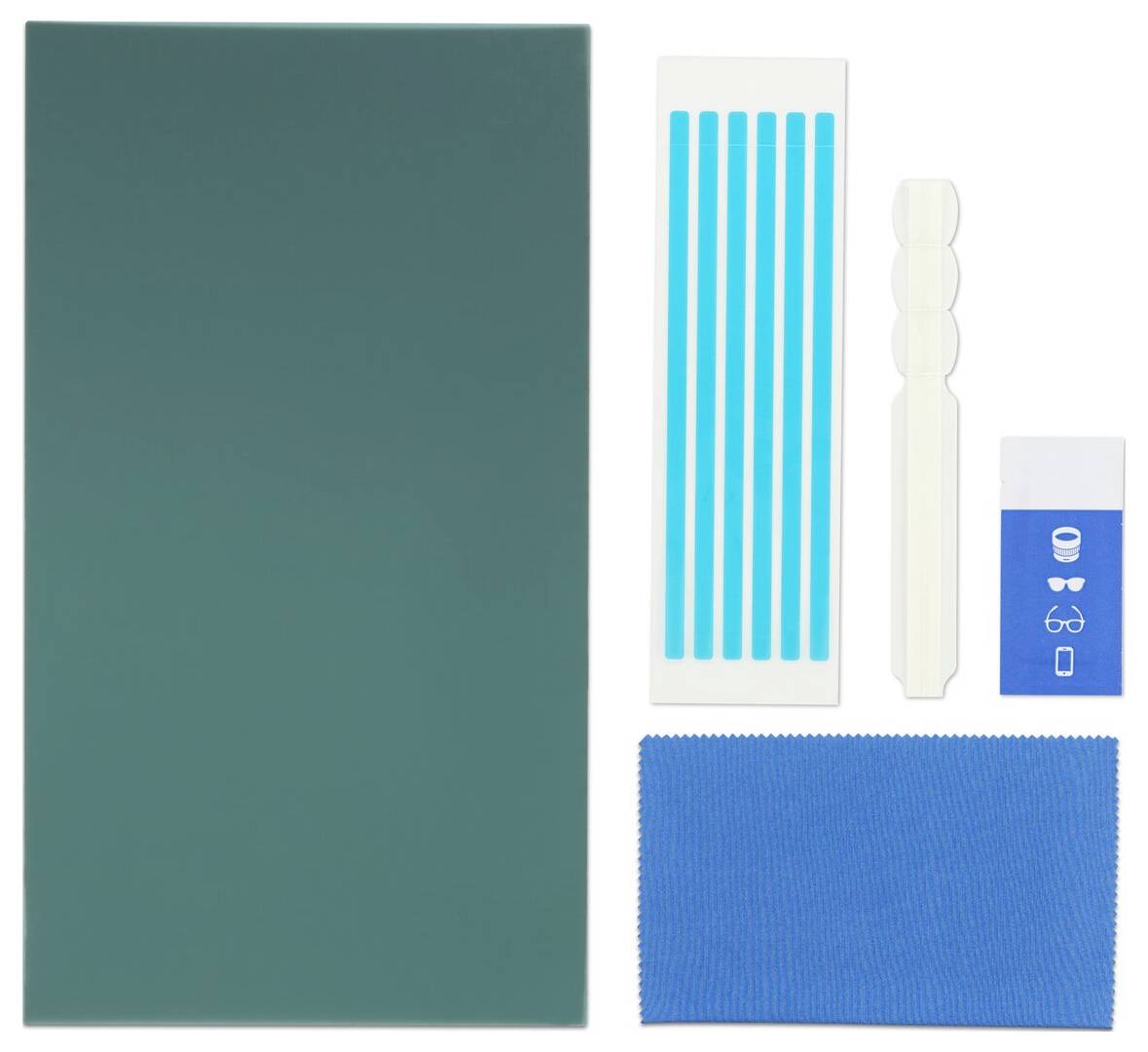 Set di nastro adesivo che include un foglio verde scuro, una striscia con linee blu, una striscia bianca ondulata, un pezzo blu simile a una gomma, e un panno blu.