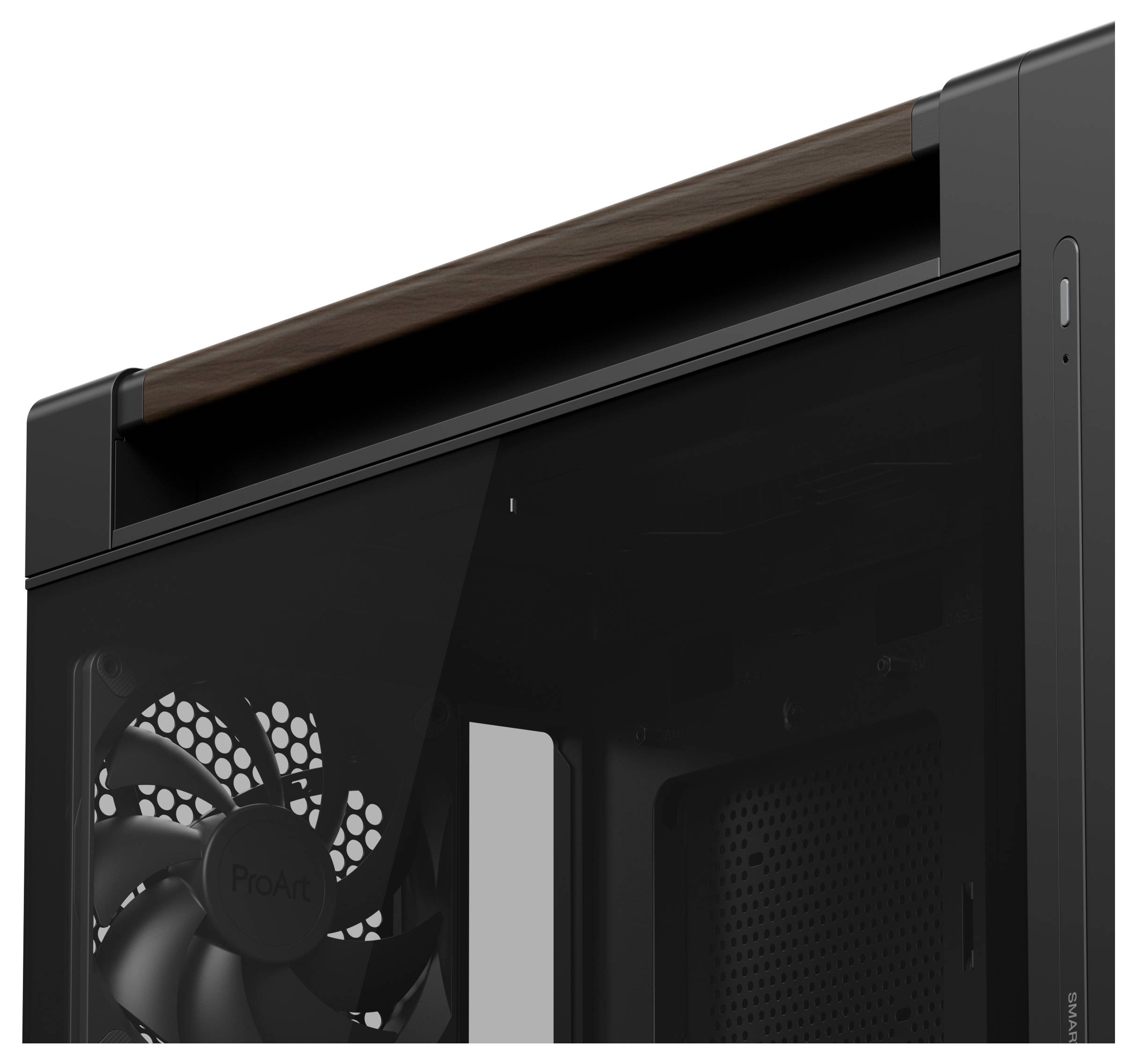 Un case PC nero con ventola visibile e design elegante, caratterizzato da un accento simile al legno scuro sul bordo superiore, che evidenzia l'estetica moderna.
