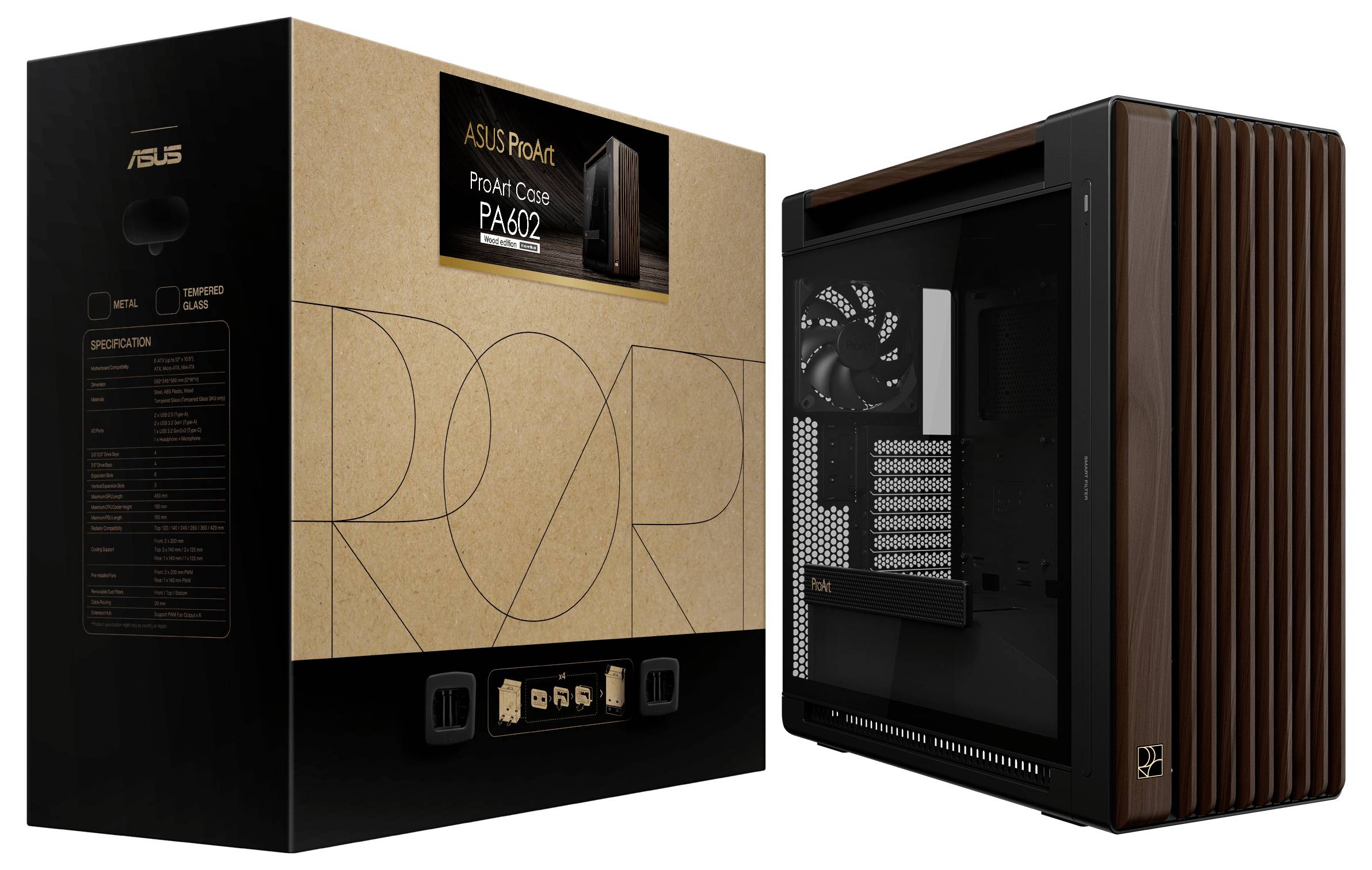 Custodia ASUS ProArt PA602, mostrata con confezione. Caratterizzata da un pannello laterale trasparente e finiture in legno, che enfatizzano lo stile e le prestazioni.