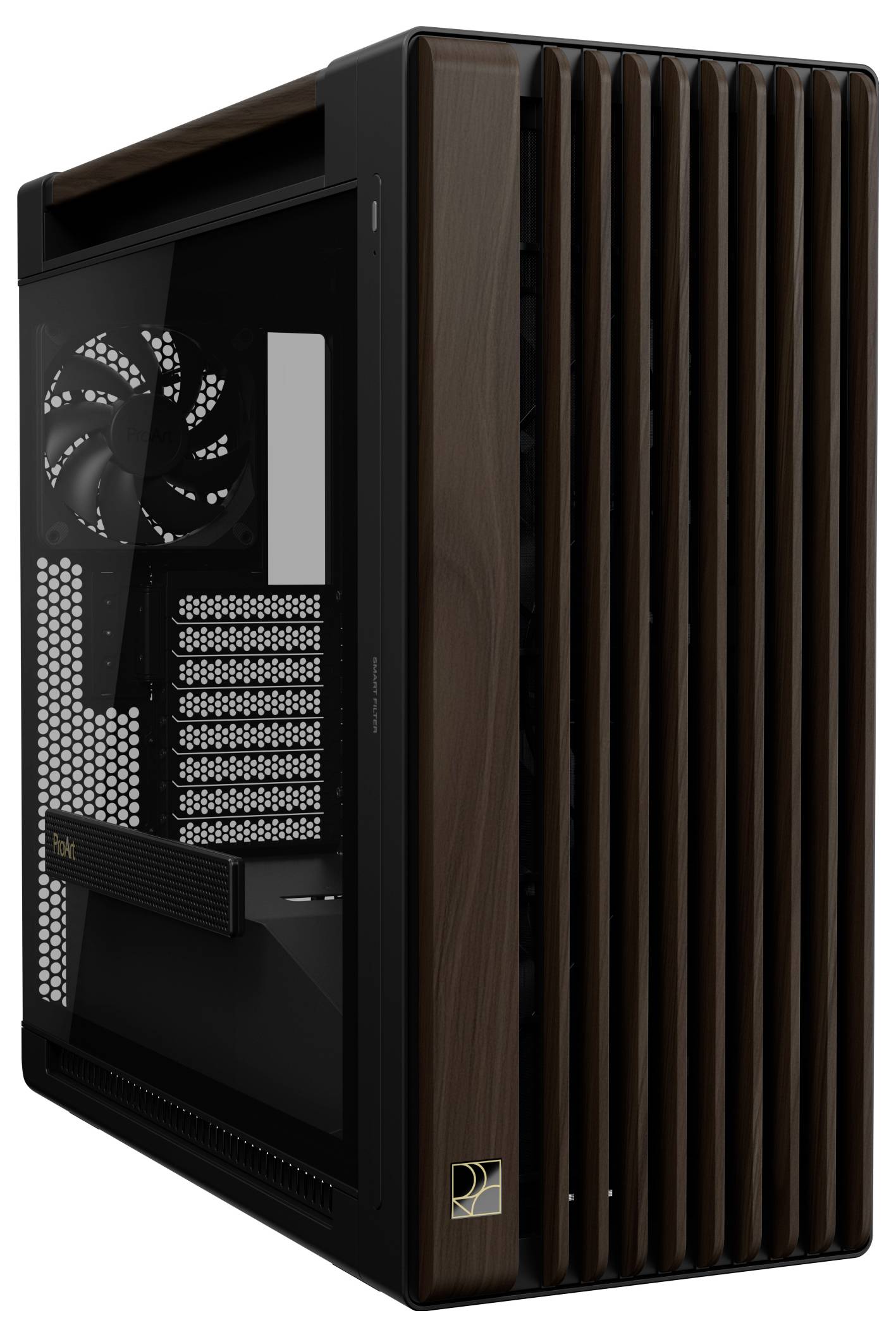 Un case per computer di fascia alta con una combinazione di colori in legno scuro e nero, caratterizzato da una ventola laterale, aperture in rete metallica e un design con presa d'aria frontale verticale.