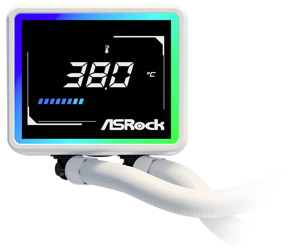Raffreddatore liquido ASRock con display che mostra 38,0°C e cornice RGB illuminata con tubazioni collegate su sfondo bianco.