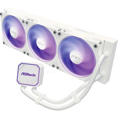 Dissipatore per CPU ASRock liquido bianco con tre ventole RGB viola e pompa blocco abbinata collegati da tubi bianchi.
