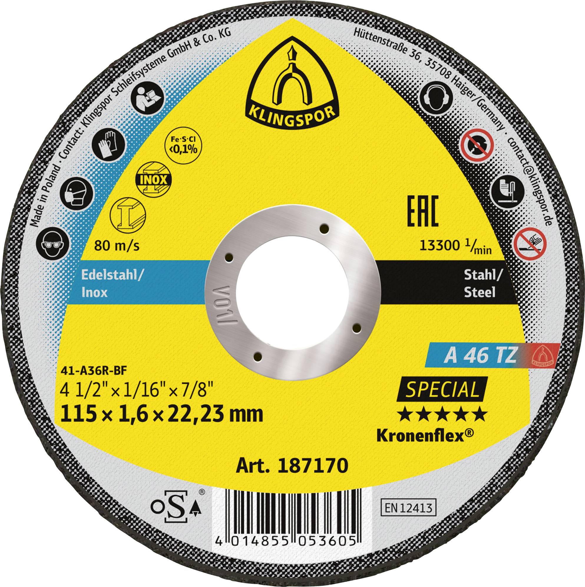 'Disco abrasivo Klingspor per metalli e acciaio inossidabile, diametro 115mm, spessore 1,6mm, foro 22,23mm, velocità massima 80m/s, 13300 giri/min.'