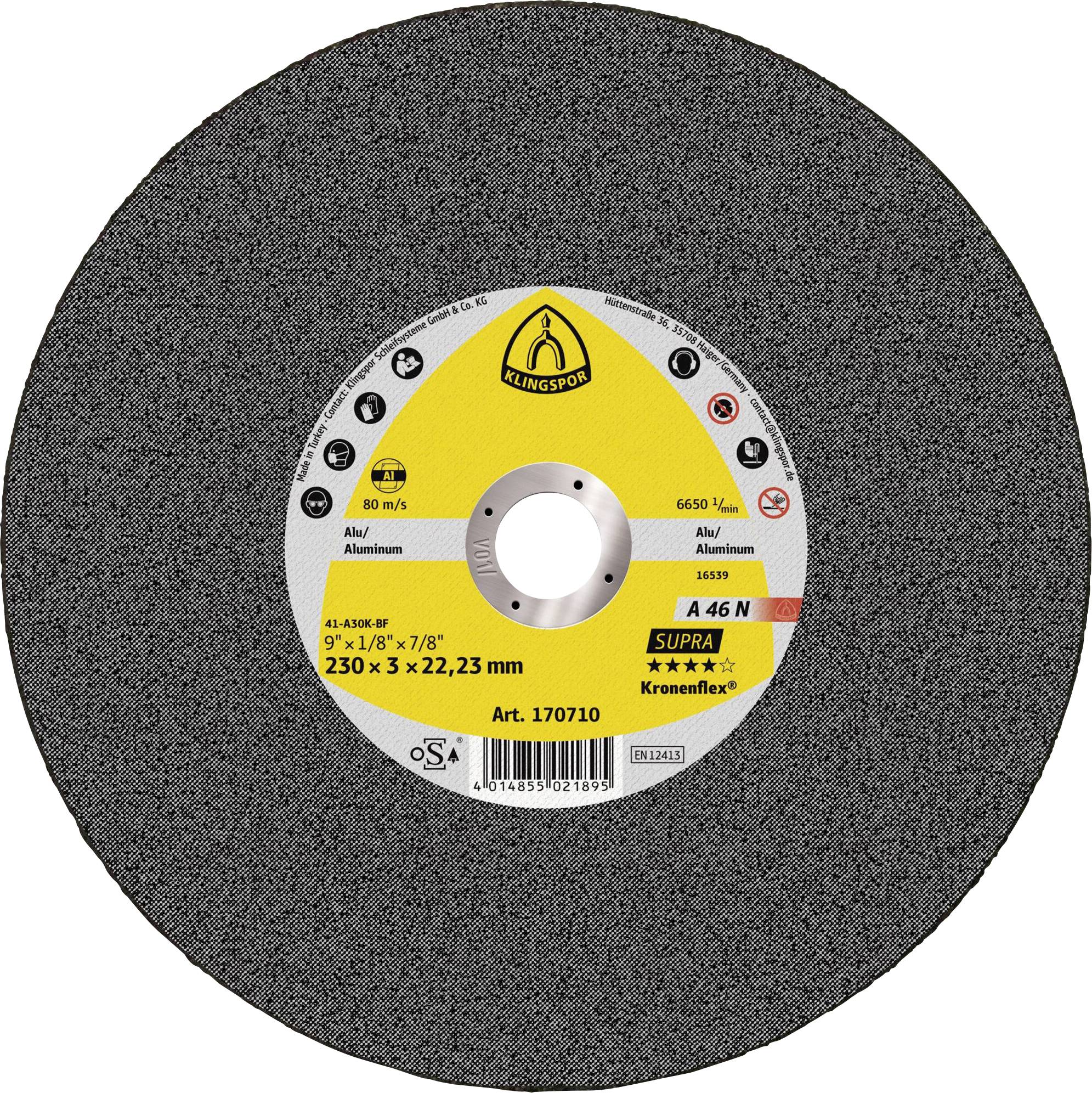 Una ruota abrasiva circolare per taglio/molatura con un'etichetta centrale giallo-argento, probabilmente per alluminio; l'etichetta mostra 230 x 3 x 22,23 mm e 'A 46 N'.