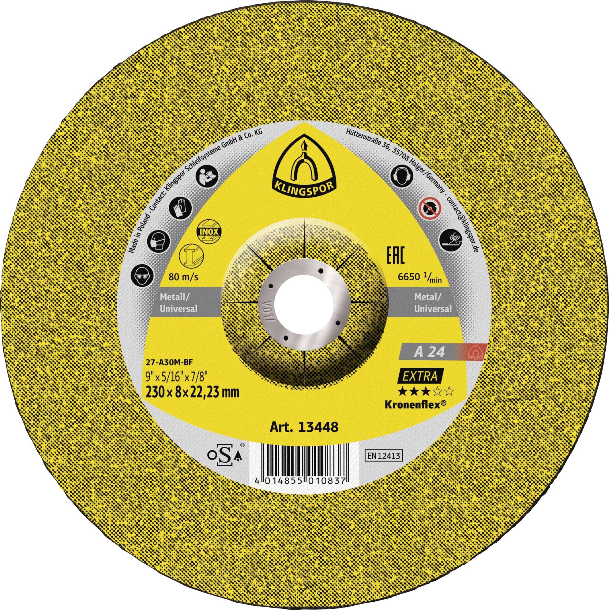 Disco abrasivo Klingspor Kronenflex per metallo, diametro 230mm, velocità 80 m/s, etichetta A 24 Extra, con marcature di sicurezza e identificazione.