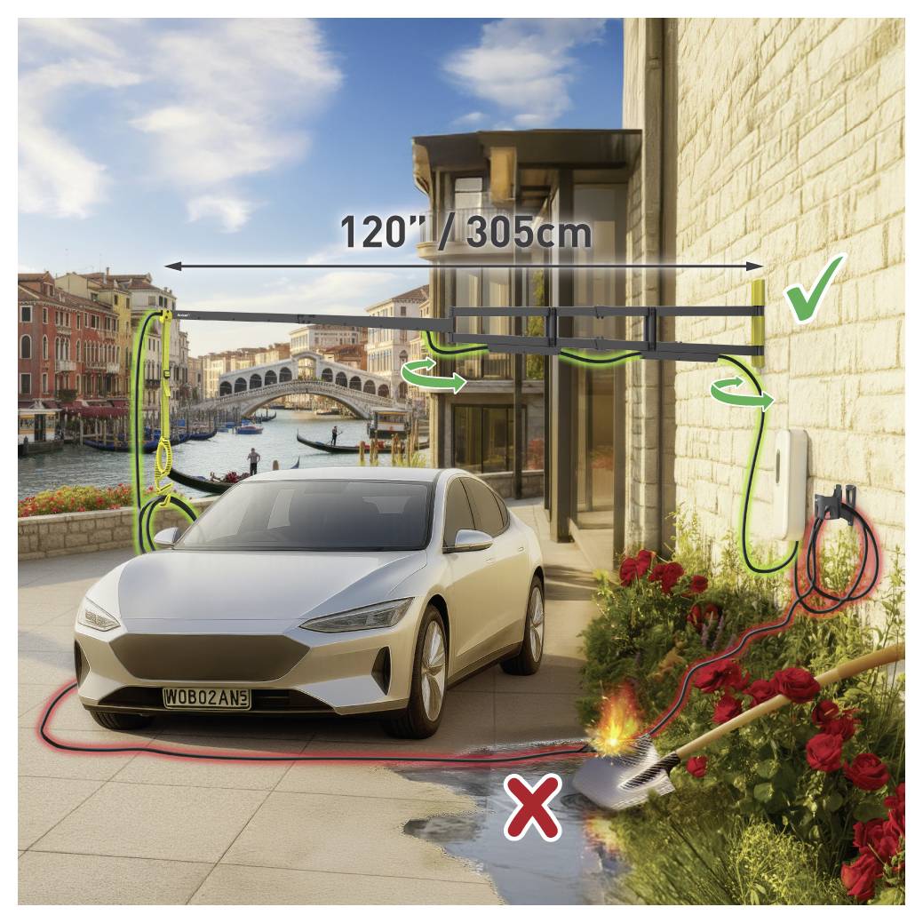 Un'auto elettrica in carica corretta con un cavo lungo misurato a 120 pollici (305 cm) su un vialetto, evitando ostacoli come un orto.
