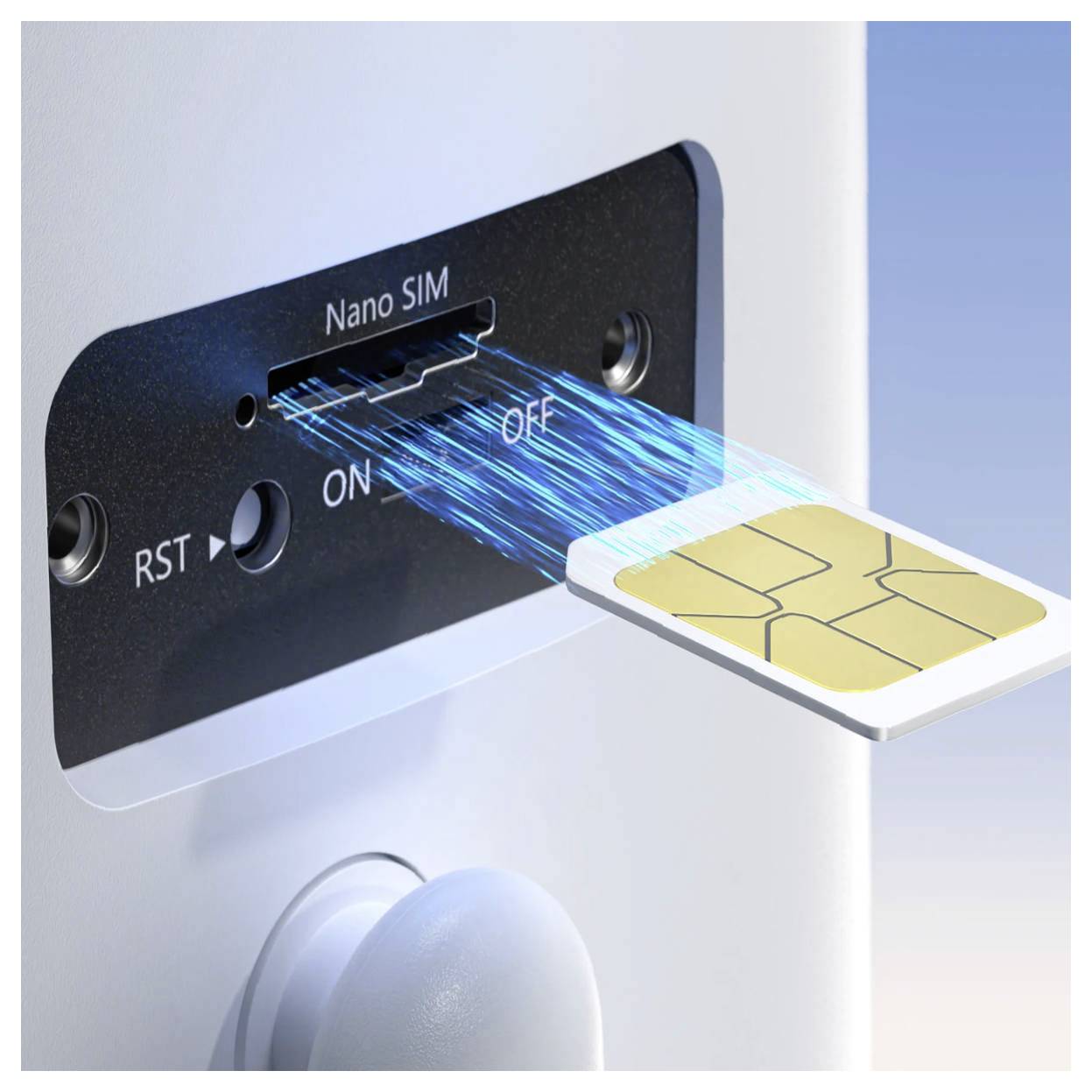 Una scheda Nano SIM viene inserita in uno slot etichettato "Nano SIM" con interruttori adiacenti "ON" e "OFF" su un dispositivo elettronico.
