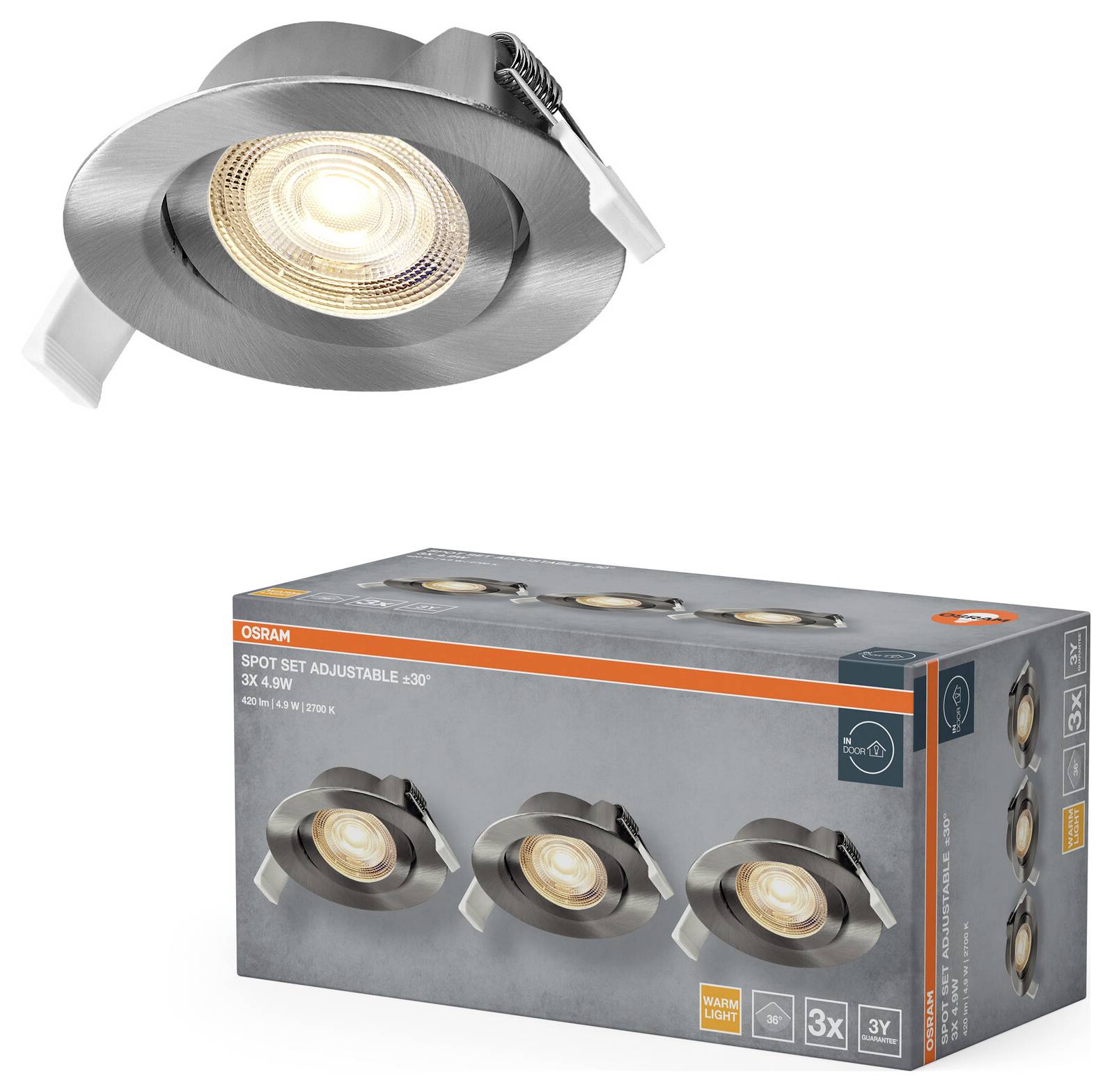 Un faretto da soffitto con finitura in metallo spazzolato regolabile è raffigurato sopra una scatola etichettata 'Spot Set Adjustable ±30°', contenente tre faretti.