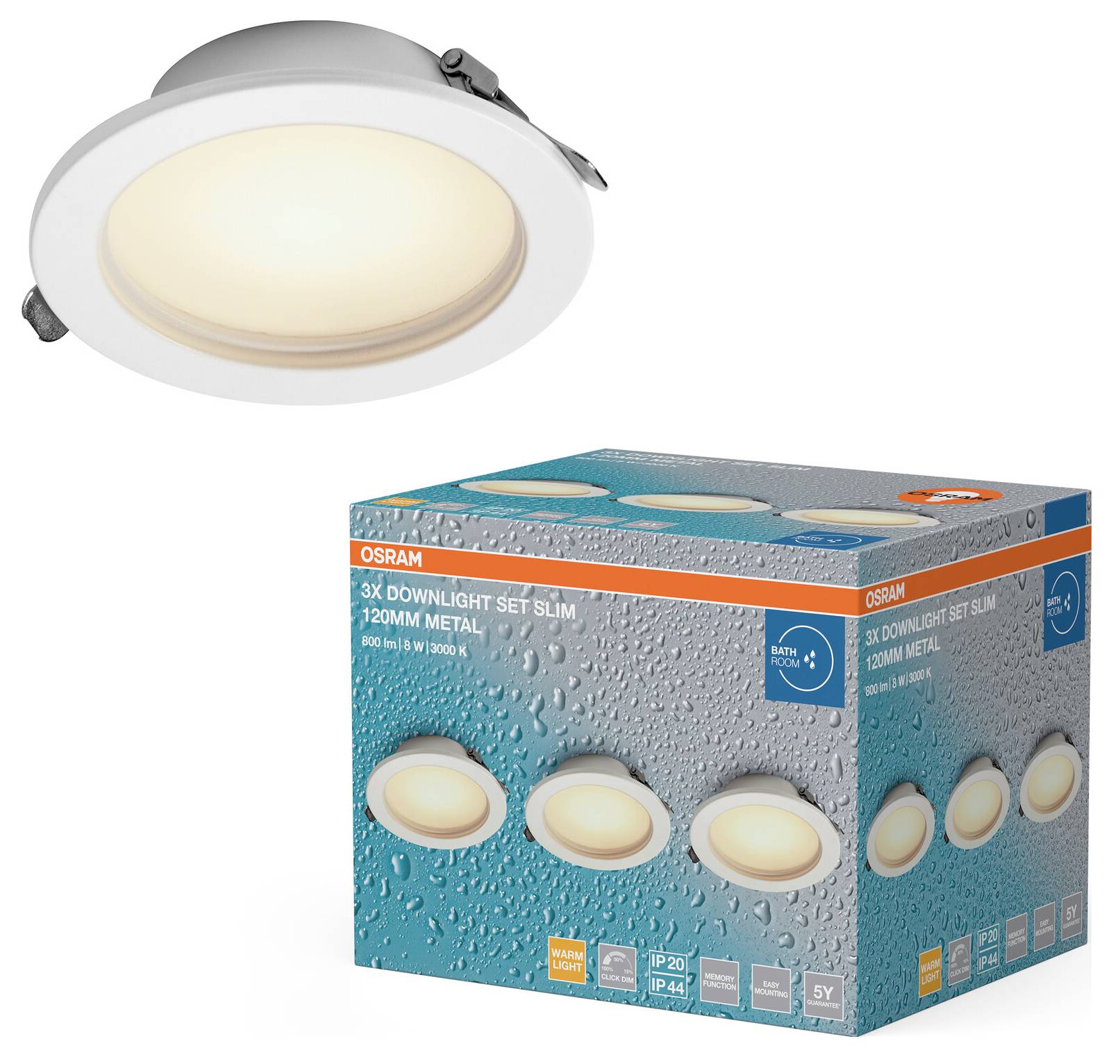 "Set di 3 Downlight OSRAM Slim 120mm in Metallo" con tre faretti a incasso visualizzati, enfatizzando il design elegante e ad alta efficienza energetica.