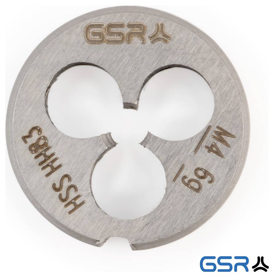 Matrice metallica rotonda etichettata "GSR", "M4 0.9" e "HSS H4 83" con tre fori, utilizzata per la filettatura, mostrata su uno sfondo bianco. Logo in basso a destra.
