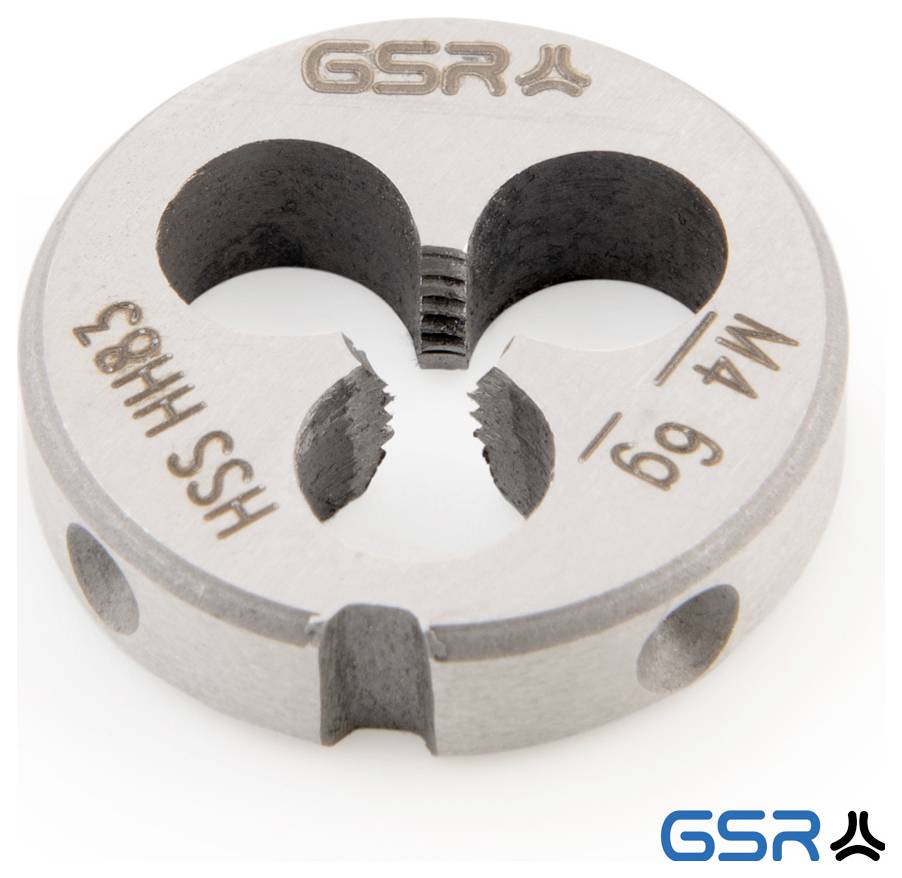 Attrezzo maschio per filettare, albero metallico con taglienti, utilizzato per creare filettature nelle viti nei materiali. Logo GSR in basso a destra.